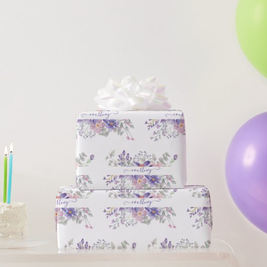 ピンクと紫の水彩フローラパーソナライズされたワ ラッピングペーパー (パーティーギフト)