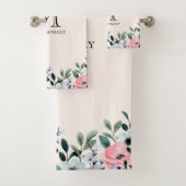 ピンクと紫の水彩フローラモノグラム バスタオルセット (インサイチュ)