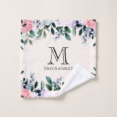 ピンクと紫の水彩フローラモノグラム バスタオルセット (ウォッシュタオル)