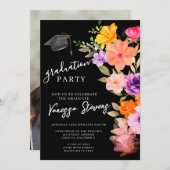 ピンクと紫の水彩フローラ写真卒業 招待状 (正面/裏面)