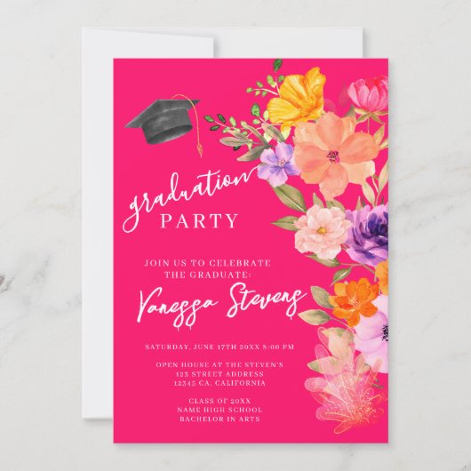 ピンクと紫の水彩フローラ写真卒業 招待状 (正面)