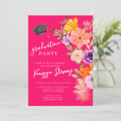 ピンクと紫の水彩フローラ写真卒業 招待状 (スタンド正面)