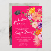 ピンクと紫の水彩フローラ写真卒業 招待状 (正面/裏面)