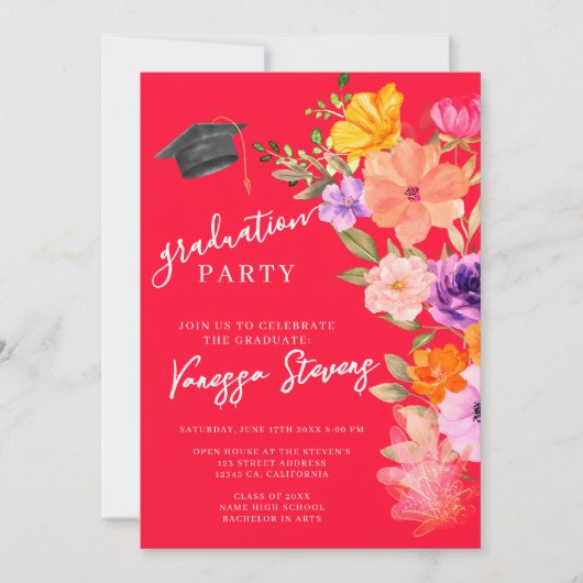 ピンクと紫の水彩フローラ写真卒業 招待状 (正面)