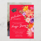 ピンクと紫の水彩フローラ写真卒業 招待状 (正面/裏面)