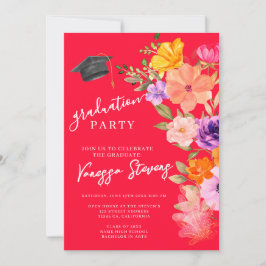 ピンクと紫の水彩フローラ写真卒業 招待状