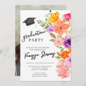 ピンクと紫の水彩フローラ写真卒業 招待状 (正面/裏面)