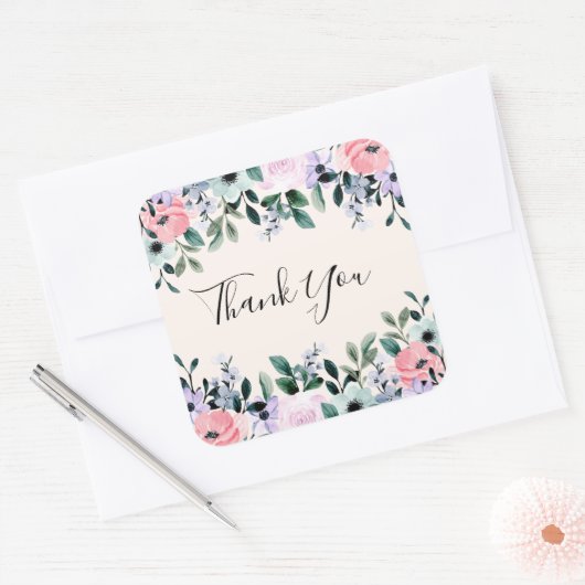 ピンクと紫の水彩フローラ縁どありがとう スクエアシール (封筒)