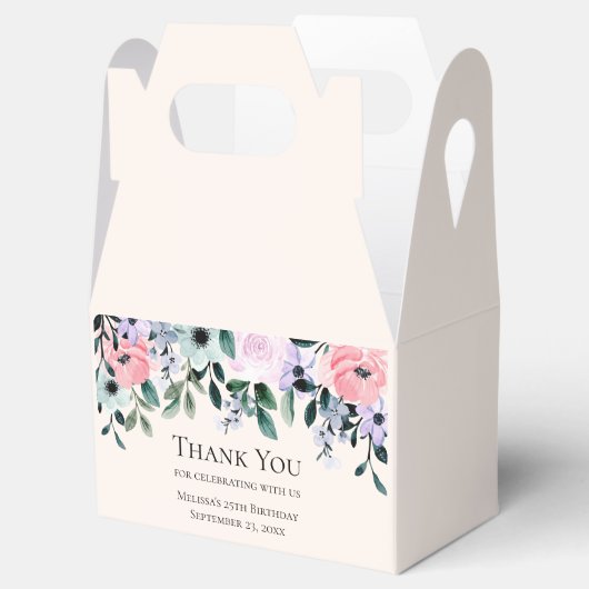 ピンクと紫の水彩フローラ縁どありがとう フェイバーボックス (オープン)