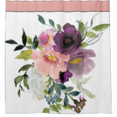 ピンクと紫の水彩フローラ シャワーカーテン (正面)