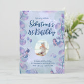 ピンクと紫の水彩人魚の最初の誕生日 招待状 (スタンド正面)