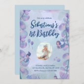 ピンクと紫の水彩人魚の最初の誕生日 招待状 (正面/裏面)