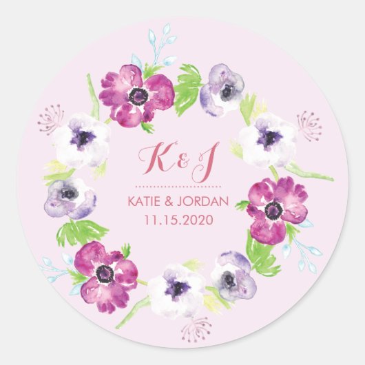 ピンクと紫の水彩花結婚の感謝してい花 ラウンドシール (正面)