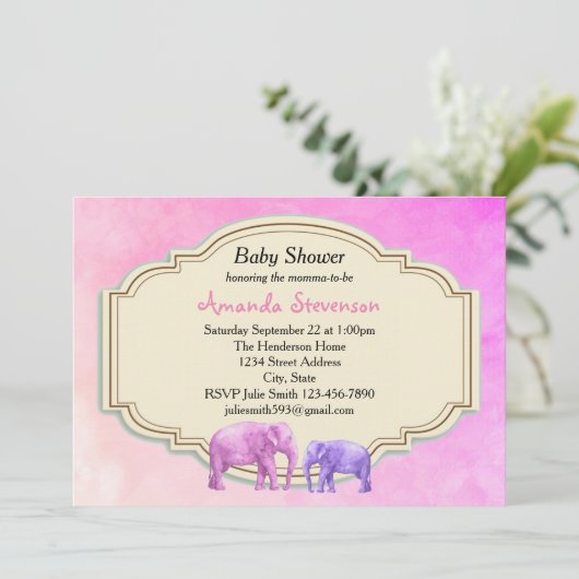 ピンクと紫の水彩象の赤ちゃんシャワー 招待状 (スタンド正面)
