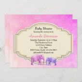 ピンクと紫の水彩象の赤ちゃんシャワー 招待状 (正面/裏面)