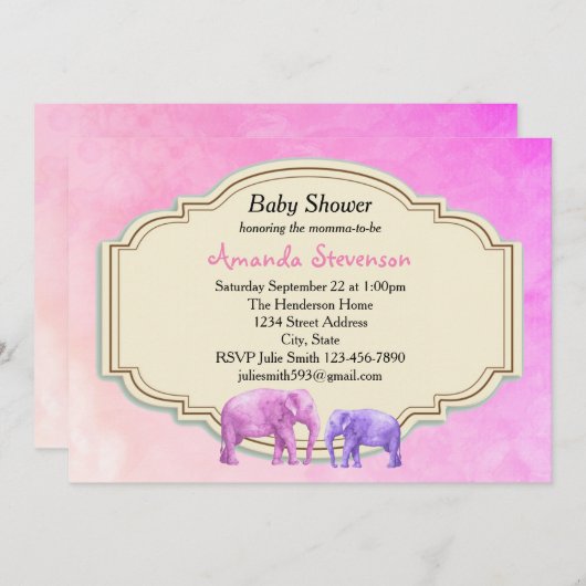 ピンクと紫の水彩象の赤ちゃんシャワー 招待状 (正面/裏面)