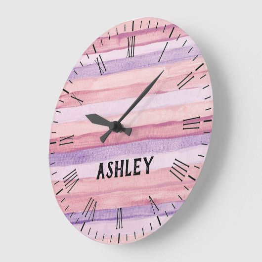 ピンクと紫の水色のストライプパーソナライズされた ラージ壁時計 (傾斜)