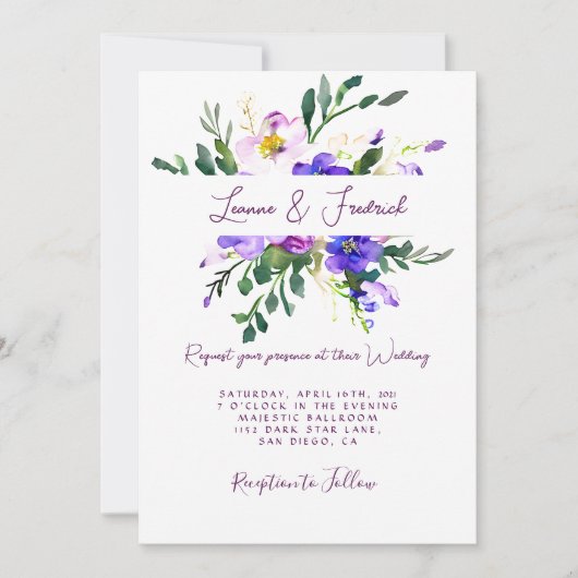 ピンクと紫の水色のフローラカスタムウェディング 招待状 (正面)