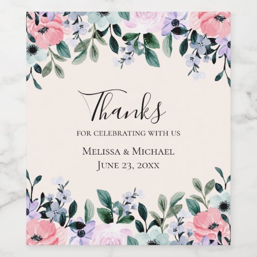 ピンクと紫の水色のフローラ縁ど結婚の ワインラベル (シングルラベル)