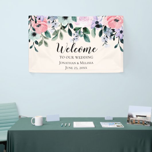 ピンクと紫の水色のフローラ縁ど結婚の 横断幕 (トレードショー)