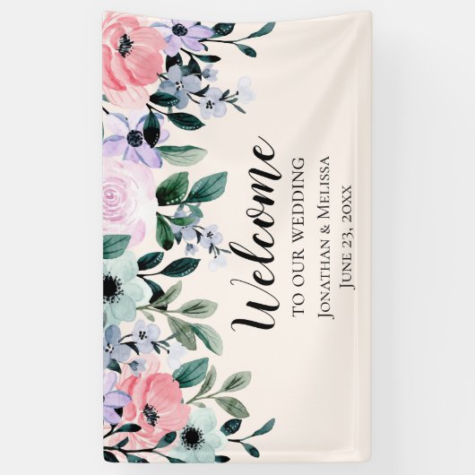 ピンクと紫の水色のフローラ縁ど結婚の 横断幕 (縦)