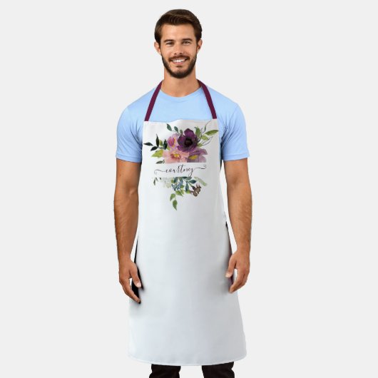 ピンクと紫の水色のフローラ パーソナライズされた エプロン (着用した状態)