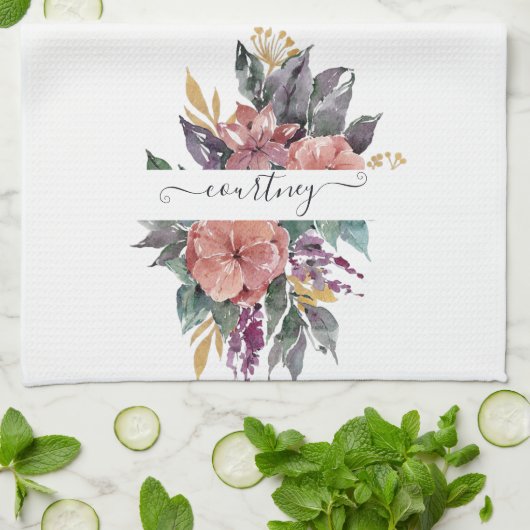 ピンクと紫の水色のフローラ パーソナライズされた キッチンタオル (折り畳み)