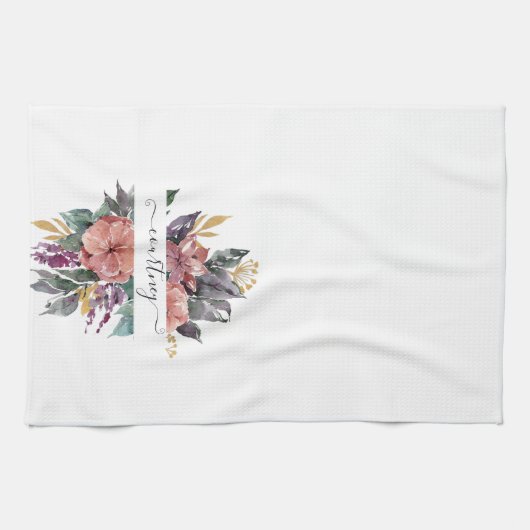 ピンクと紫の水色のフローラ パーソナライズされた キッチンタオル (横)
