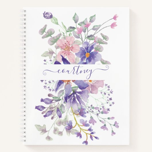 ピンクと紫の水色のフローラ パーソナライズされた ノートブック (正面)