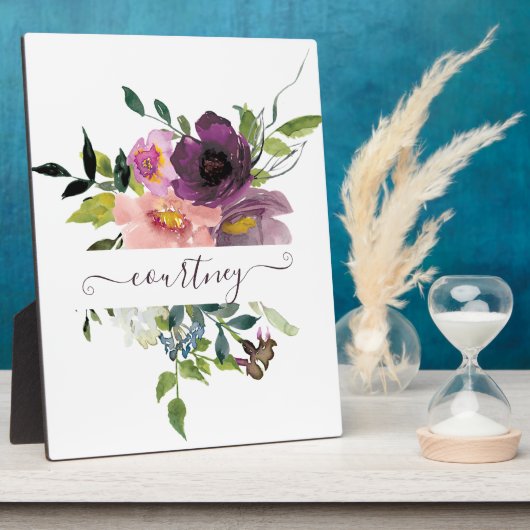 ピンクと紫の水色のフローラ パーソナライズされた フォトプラーク (側面)