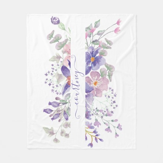 ピンクと紫の水色のフローラ パーソナライズされた フリースブランケット (正面)