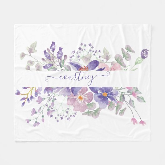 ピンクと紫の水色のフローラ パーソナライズされた フリースブランケット (正面(横))