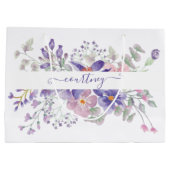 ピンクと紫の水色のフローラ パーソナライズされた ラージペーパーバッグ (裏面)