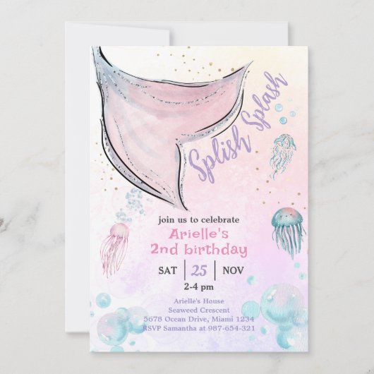 ピンクと紫の水色のマーメイドテール招待状 招待状 (正面)
