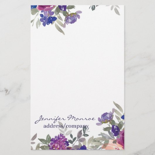 ピンクと紫の水色の花パーソナライズされた 便箋 (正面)