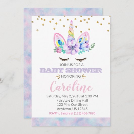 ピンクと紫の水色スタイルユニコーンベビーシャワー 招待状 (正面/裏面)
