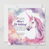 ピンクと紫の水色ユニコーン誕生日 招待状 (正面)