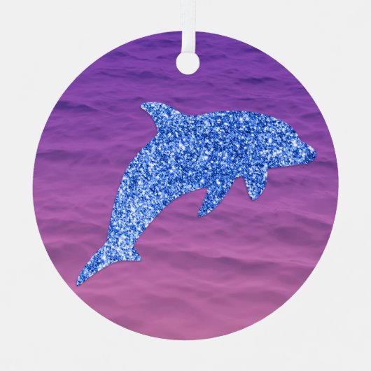 ピンクと紫の海の青いグリッターイルカ メタルオーナメント (正面)