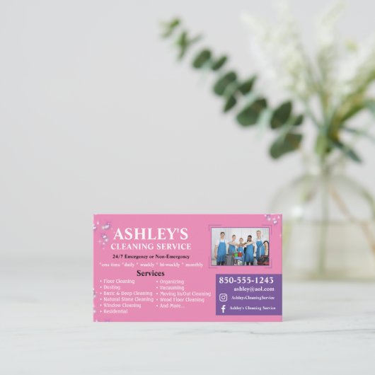 ピンクと紫の清掃サービス名刺 名刺 (スタンド正面)
