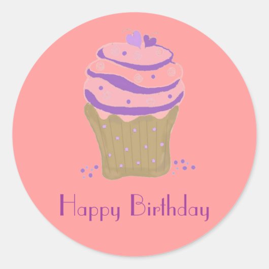 ピンクと紫の渦巻きカップケーキ ラウンドシール (正面)