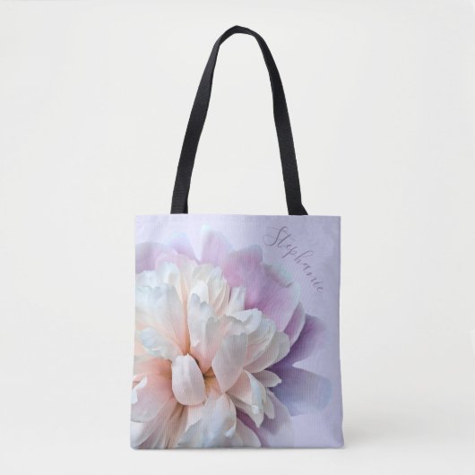 ピンクと紫の牡丹パーソナライズされたスクリプト名 トートバッグ (正面)