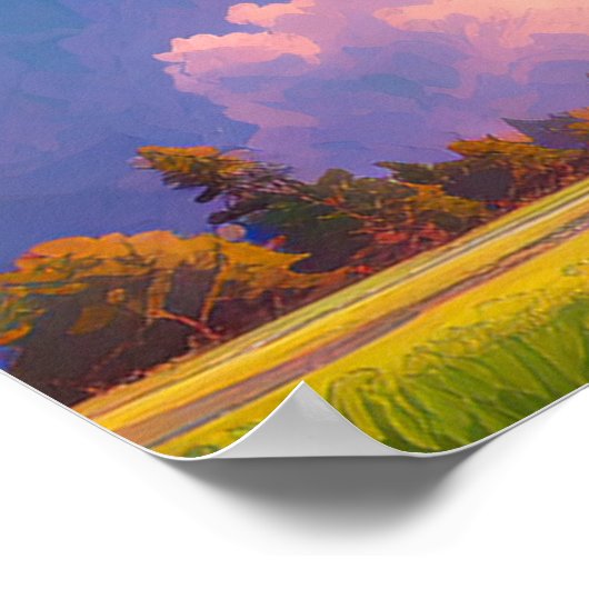 ピンクと紫の空の下の緑の谷 ポスター (角)