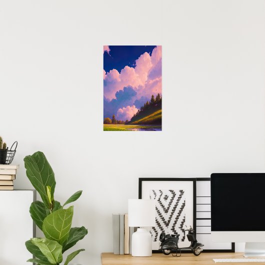ピンクと紫の空の下の緑の谷 ポスター (ホームオフィス)