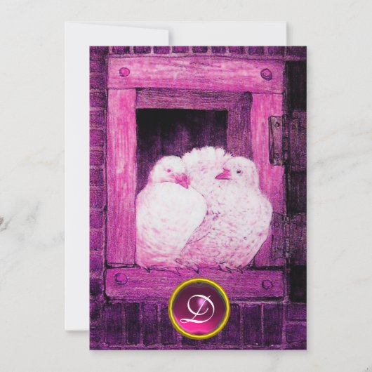 ピンクと紫の窓の白い鳩のウェディングモノグラム 招待状 (正面)