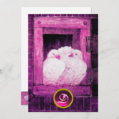 ピンクと紫の窓の白い鳩のウェディングモノグラム 招待状 (正面/裏面)