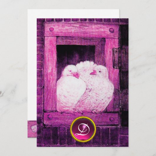 ピンクと紫の窓の白い鳩の結婚式のイニシャル 招待状 (正面/裏面)