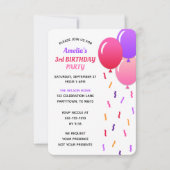 ピンクと紫の紙吹雪とバルーンの誕生日 招待状 (正面)