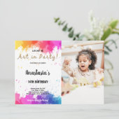 ピンクと紫の絵を描誕生日招待状 招待状 (スタンド正面)