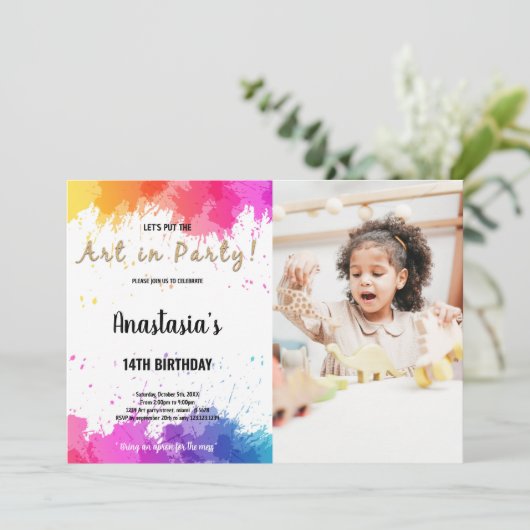 ピンクと紫の絵を描誕生日招待状 招待状 (スタンド正面)
