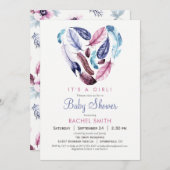 ピンクと紫の羽毛ベビーシャワー招待状 招待状 (正面/裏面)